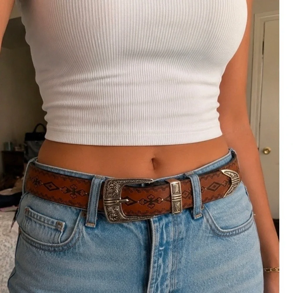 Womens Brown Western Embossed Belt Gold Engraved Buckle Tip Bohemian‎ Cowgirl